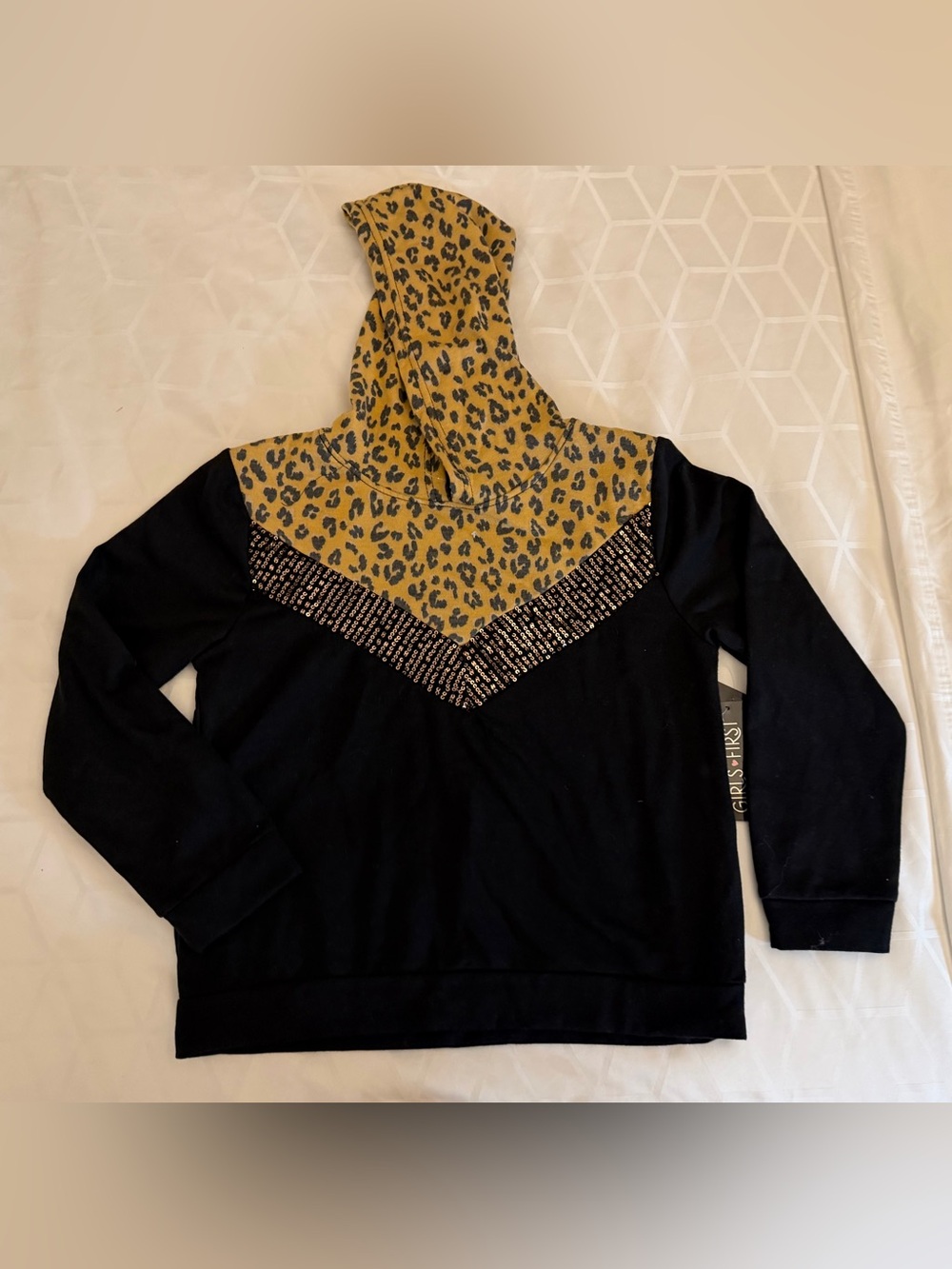 Girls First Leopard Print Hooded Top in Mustard and Black